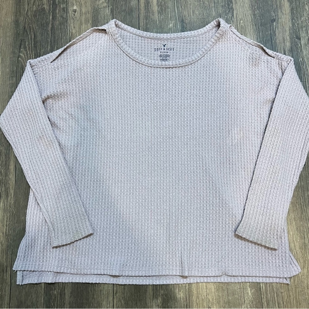 American Eagle Long Sleeve Soft Plush Waffle Pattern Open Shoulder T-Shirt Top S